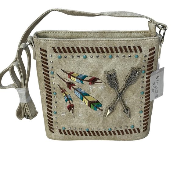 (7-198) Brand New w/Tag Western Theme Beige Shoulder Bag with Adjustable Strap - Picture 1 of 9
